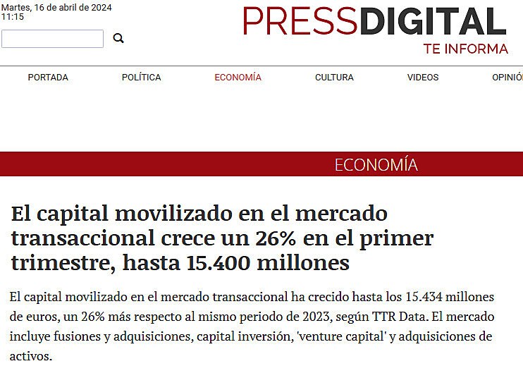 El capital movilizado en el mercado transaccional crece un 26% en el primer trimestre, hasta 15.400 millones